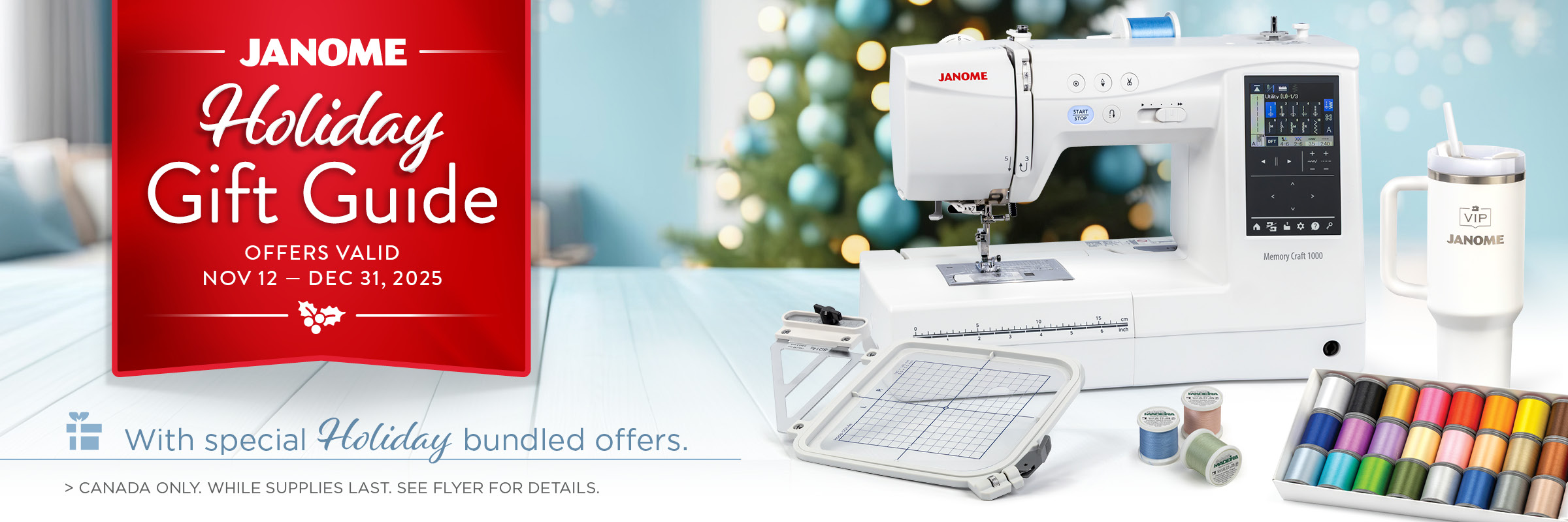 Memory Craft 1000 sewing thread in a room celebrating the holiday season